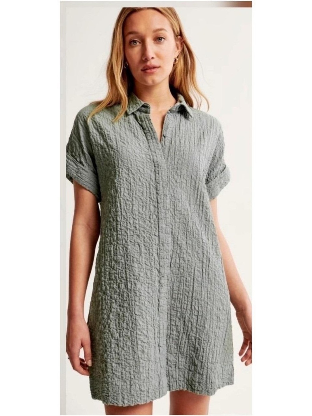 Abercrombie & Fitch Textured Shirt Dress Size Small Tall Green Gauze